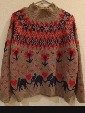 Ladies Patterned Crewneck Sweater - Beige with Red & Navy Accents